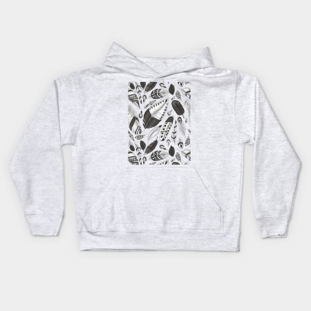 Black and white feathers pattern Kids Hoodie by katerinamk